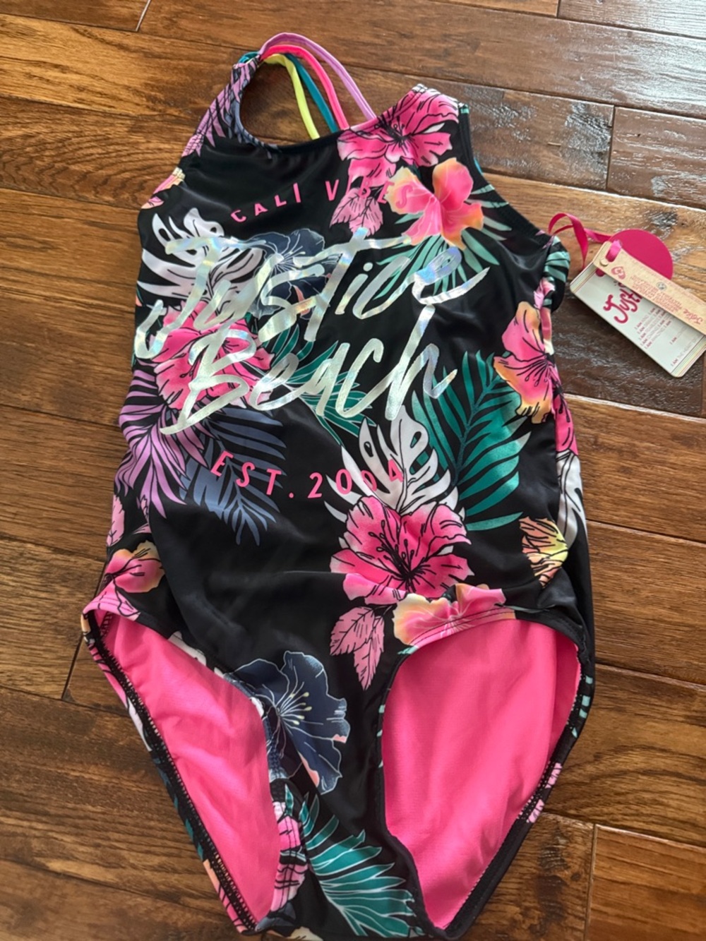 Girls' Justice Black Tropical Floral One-Piece Swimsuit - Pink Accents 12/14 NWT